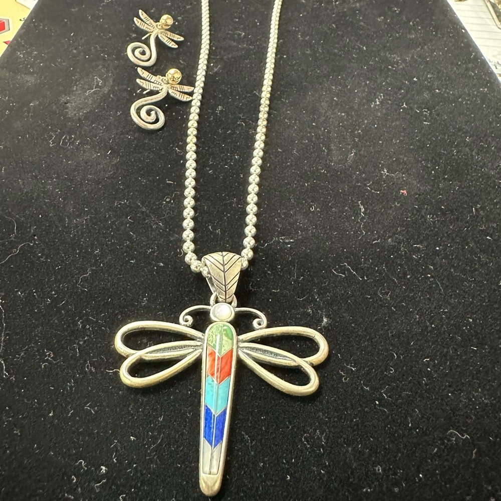 Dragonfly Pendant on chain and Earrings